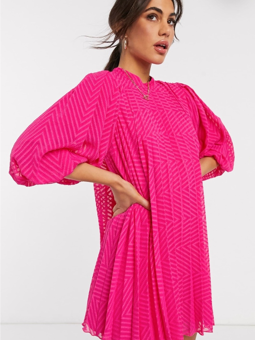 ASOS Hot Pink Textured Puff-Sleeve Mini Dress small